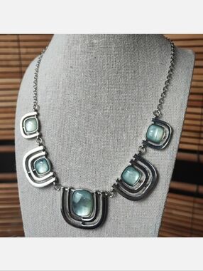 Christopher and Banks Silver Tone Statement Necklace NWT Light Blue Swirls Ocean